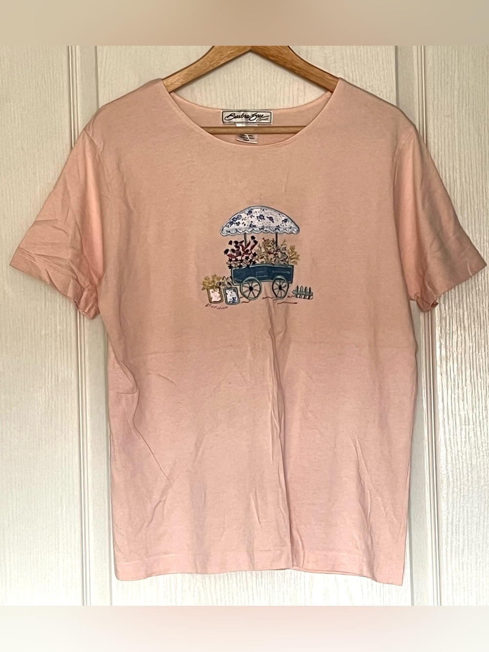 Vintage 90s Barbra Sue Sport Embroidered Flower Cart T-Shirt Peach M Grandmacore
